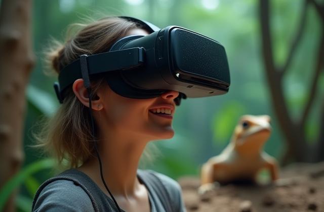 Person wearing a VR headset, immersed in a virtual rainforest interacting with a digital iguana.